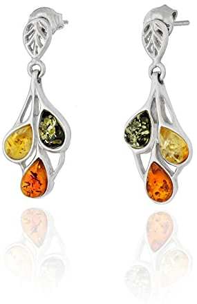 Damen Silber Ohrringe mit Bernstein, Baltischer Bernstein In Farbe Cognac, Grün, Zitrone, Sterling Silber 925, Geschenk für Frauen