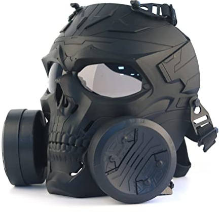 JEIMAI Airsoft Full Face Schädel Maske, BBS Paintball Schutz Gear Taktische Maske für Schießen CS Spiel Cosplay Halloween mit Doppel Turbo Fan (Schwarzgraue Linse)