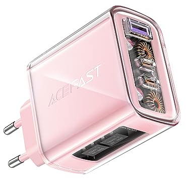 ACEFAST 65W Caricatore USB C, Rapido Caricabatterie USB C Presa GaN, Alimentatore USB Multiplo Compatibile con MacBook Pro/Air, iPad Pro/Air, iPhone14/13-8 Series, Galaxy S23/S22, Rosa
