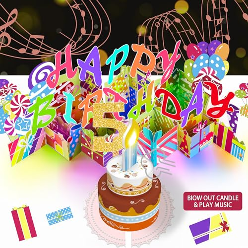 Gumry PopUp-Karte zum 5. Geburtstag, aufblasbar, buntes Licht, 3D-Karten mit Lied, Applaus-Cheers-Sound, Grußkarten, Geburtstagsgeschenke, Dekorationen für Tochter, Sohn, 5 Jahre alt