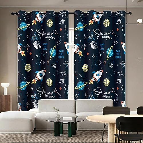 HYFBH Niedliche Astronauten-Fenstervorhänge, Raumschiff, Rakete, Mond, Ösen, Verdunkelungsvorhang, Galaxie, Stern, Weltraum, Vorhänge für Kinderzimmer BxH/2x75x205cm blickdichter Vorhang