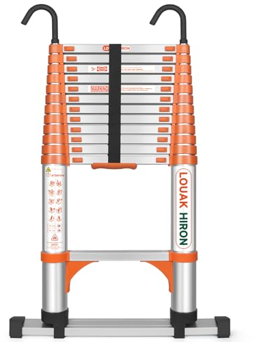 3,8M Alu Teleskopleiter mit Haken Ausziehbare Leiter, Klappleiter mit Stabilisator Stehleiter Rutschfester, aus hochwertigem Aluminium, Ausziehleiter Mehrzweckleiter, Haushaltsleiter
