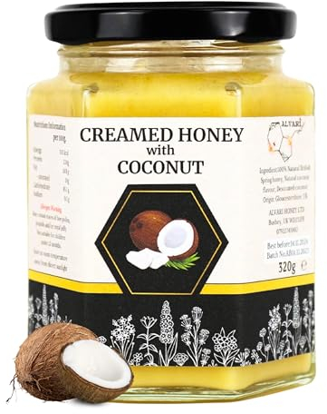 Alvari 100% Raw Creamed Coconut Honey – 100% Natural British Honey from Local Bees – Unfiltered, Unpasteurized & Natural – Bundle with in a 320g Jar