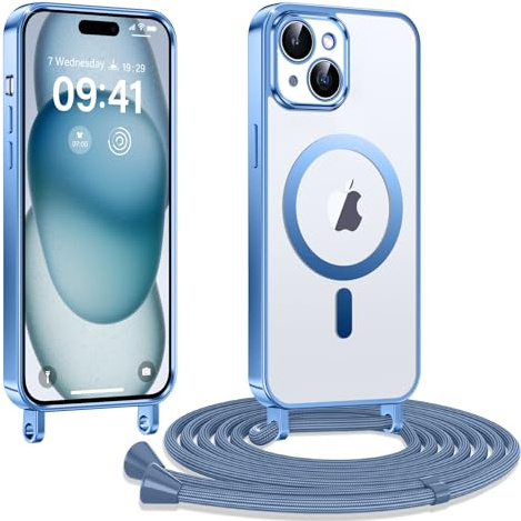 Kokio Funda para iPhone 14 Plus/15 Plus con Cuerda,Compatible con Magsafe, Carcasa Transparente TPU Suave Silicona Case con Correa Colgante Ajustable Collar Correa de Cuello Cadena Cordón, Azul