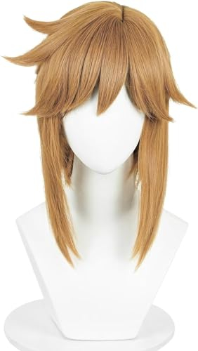 MIGUOO Anime Link Cosplay Perücke, Silde Parted Hairline Gebundener Pferdeschwanz Kurze Dunkelbraune Perücken Für Halloween, Party, Karneval, Perücke Cap
