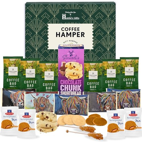 Hattie’s Gifts Coffee Gift Set with Taylors Coffee Bags | Luxury Food Hamper for Men: Taylors Coffee Bags, Biscuit Selection & Sugar Swizzle Sticks