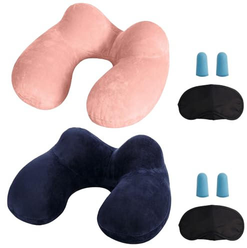LUZWAY Oreiller de Voyage Gonflable avec Double Vanne,Coussin de Cou Gonflable de Velours Doux et Housse Lavable avec Bouchon d'oreille et Masque pour Les Yeux