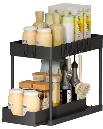 Meltrck Organizador de cocina de 2 niveles, estante debajo del lavabo con 8 ganchos, estante para especias, armario de cocina, organizador para baño, cocina, negro