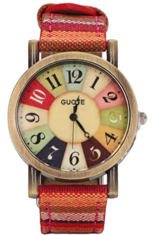 Prevessel Hippie-Uhr, Mehrfarbig, Bohemian-Stil, Messing, PU-Leder, Knopfbatterie, Damenuhr Geburtstagsparty, rot