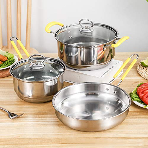 GLJTUO Cooking Pot, Pots And Pans,3 Piece Non Stick Cookware Sets,Stainless Steel Induction Cooking Pans Set (24Cm-Frying Pan 22Cm-Saucepan 18Cm-Milk Pan) (Yellow Variety Pack)