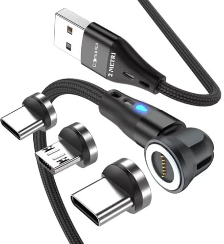 comunica Cavo Magnetico 3-in-1(2m) rotante di 360°e180°Ricarica Rapida e Trasferimento Dati per Micro USB/Tipo C/i-P