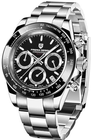 Pagani Design Daytona Hommage Herren Quarzuhr, Chronographen-Armbanduhr für Herren, VK63 Uhrwerk, Edelstahlband, PD1644 (Silber schwarz, Edelstahl)
