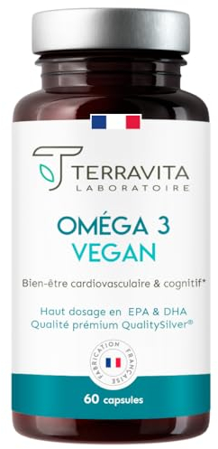 Oméga 3 Vegan | Huile Brevetée OmegaVie® issue de la microalgue Schizochytrium | 300 mg de DHA et 150 mg d’EPA par Capsule | Garantie sans Métaux Lourds | 60 Capsules | Made in France | Terravita