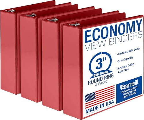 Samsill Economy 3 Inch 3 Ring Binder, Made in The USA, Round Ring Binder, Customizable Clear View Cover, Red, 4 Pack