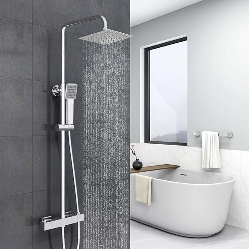 Biubiubath colonne de douche thermostatique avec mitigeur réglable en hauteur, douchette à main trois fonctions, (carré 1)