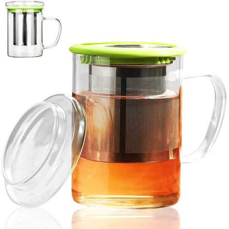 Dzmuero Teetasse mit deckel und sieb, Teeglas mit sieb, Teeglas, Teetasse aus Glas, Teesieb aus Edelstahl, Trennung von Tee und Wasser, hitzebeständig, glatte Linien, für Zuhause, Büro (400ML, Grün)