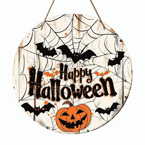 Cartel para puerta rústico Happy Halloween – Cartel para puerta de bienvenida de Halloween | Cartel para puerta Happy Halloween, guirnalda para puerta de murciélago, decoración de madera, cartel de