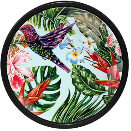 LVTISEE Küchenschrankknäufe, Retro-Kolibri-Blume, grünes Blatt, runde Schubladengriffe mit Schrauben, Schubladengriffe, Türbeschläge für Kommoden, Schränke, 4 Stück