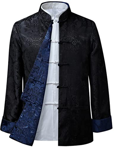 MOKLYF Costume Tang pour Hommes, Veste réversible, vêtements Traditionnels Chinois, Chemise de Kung Fu, Uniforme à Manches Longues(Noir1-3X-Large-4X-Large