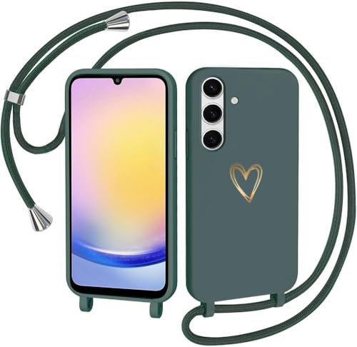 CaseLover Handyband für Samsung Galaxy A56 5G/Samsung Galaxy A36 5G Hülle mit Band, Herzmuster Silikon Necklace Handyhülle mit Abnehmbar Kordel zum Umhängen Stossfest Bumper Schutzhülle, Grün