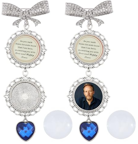 CHGCRAFT 2 Sätze Bouquet Charms Hochzeit Bouquet Foto Anhänger tibetischen Stil Legierung Glas flach rund für Hochzeit Dusche Braut Party Dekor, Antik Silber, 5x1,7 Zoll