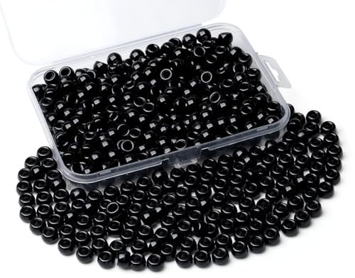 Sahoottie Schwarze Pony Beads 9mm Schwarze Perlen Großes Loch Kandi Beads Haarperlen für Zöpfe Ponyperlen zum Auffädeln Perlen für Armbänder Halskette Basteln 500 Stück