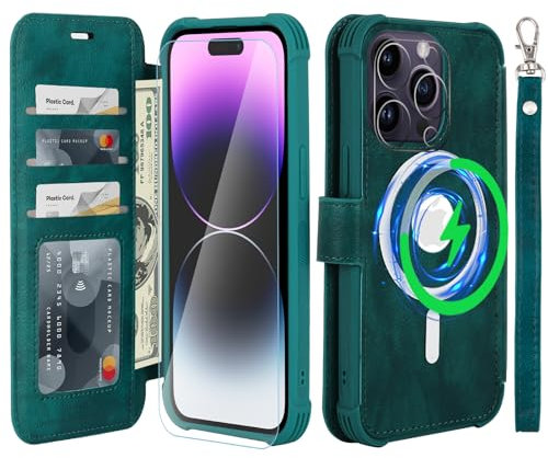 VANAVAGY Wallet Case Compatible for iPhone 14 Pro for Magsafe Wireless Charging,Leather Flip Wrist [Glass Screen Protectors]with RFID Blocking Card Holder,Midnight Green