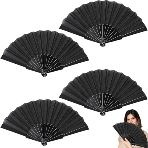 4 Stück Fächer Schwarz, Fecher Damen, Fächer Rave, Handfächer Hochzeit Schwarz Set Hochzeit Fächer für Bühne Hochzeit Party Dekoration Faltbare Stoff Fächer Tanzen Aufführung Karneval