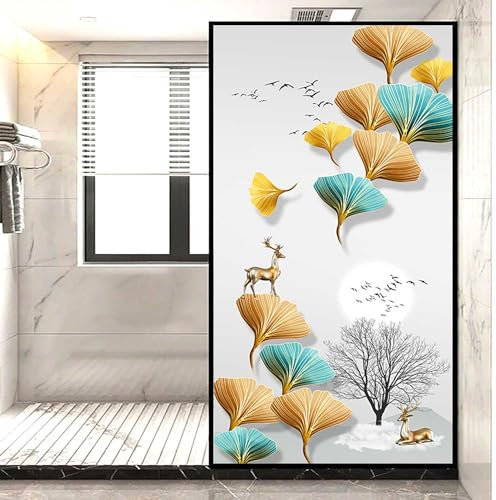 Ginkgo Biloba Fensterfolie, elektrisch, blickdicht, Sichtschutz, Hitze- und UV-Schutz für Badezimmer, Küche, Büro, dekorativer statischer Fensteraufkleber, 100 x 180 cm