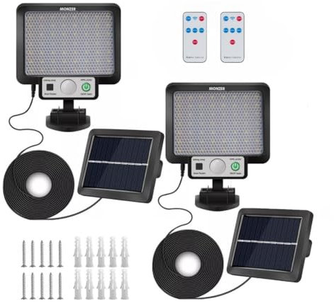 2 Spots LED Solaires Exterieur, Détecteur de Mouvement 6m, 3 Modes d'Éclairage 2200LM avec Panneau déporté et câble 3m, Étanche IP65, Option Recharge USB, Projecteur Solaire pour Jardin Garage Chambre