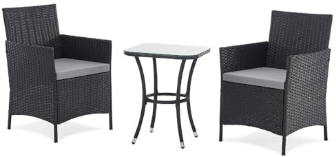 EVRE Copenhagen Outdoor Rattan Garden Bistro Set 3 Piece Wicker Table and Chairs Furniture with Cushions Glass Top Coffee Table for Conservatories Balcony Patio Poolside and Terrace (Black)
