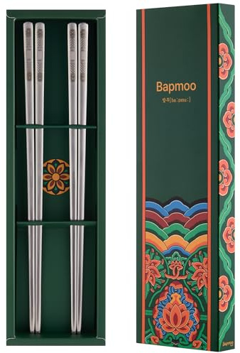 BAPMOO Matte Silver Chopsticks Stainless Steel Korean Utensils Chopsticks 2 Pairs Metal Reusable Dishwasher Safe Good for Gift Korean Pattern Engraved