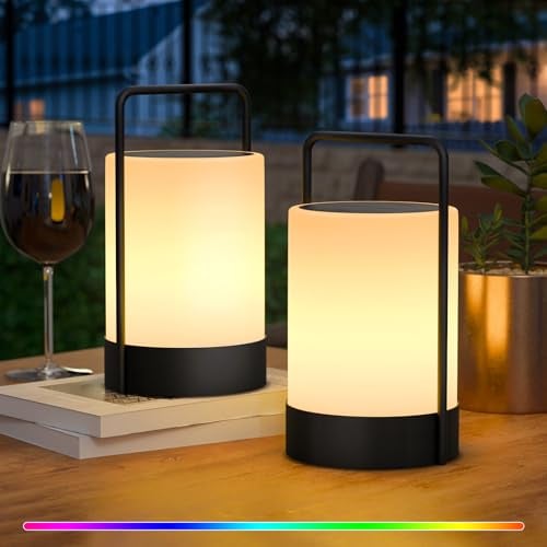 MALUX 2 Stück Solar Tischlampe IP44 Wasserdichte Laterne mit Fernbedienung | 8 Farben RGB + Warmweiß, kabellose wiederaufladbare Akku-Lampe, tragbar für Garten, Balkon, Terrasse und Camping
