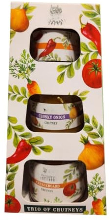 Trio of Chutneys Gift With Tomato & Chilli, Chunky Onion and Cheeseboard Flavours in Glass Jars, Perfect for Sharing, Cheese Boards and Savoury Meals