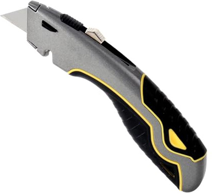 Cuttermesser Utility Knife mit integriertem Klingenspeicher & Abisolierer, einziehbar, Schwerlast-Zinklegierung, ergonomischer rutschfester TPU-Griff, Schnellwechsel-Klinge (Grau/Gelb)