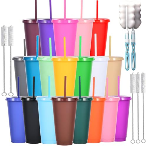 Yisituo 710ml Reusable Plastic Cups, 20 Pack Cold Cups with Lid and Straw, Tumblers Travel Mugs for Adults and Madam Party and Beach, Pool Gatherings (20, Rainbow)