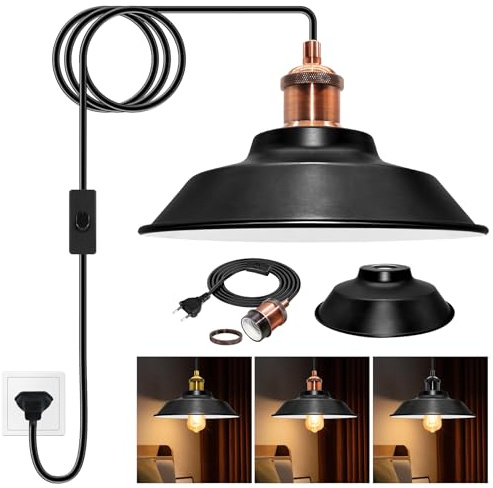 Retro Pendelleuchte Kit mit Schalter, Vintage Hängelampe mit Stecker und 500CM Kabel, Industrielle Hängeleuchte mit 23x7CM Lampenschirm aus Mattem Metall,Copper E27 Fassung,für Terrace,Ohne Glühbirne