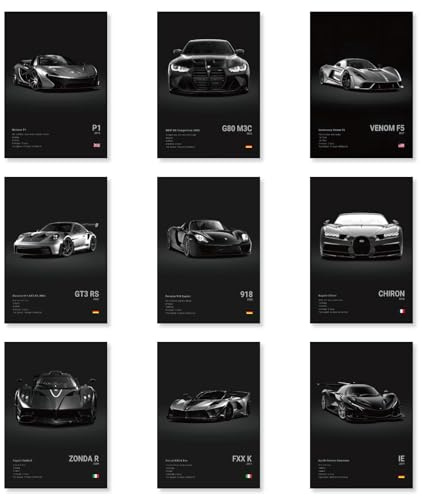 Clyrax 9 Stück Supercar Auto Poster Set, Supersportwagen Bilder, Cool Car Poster, Dekorative Wandbilder für Büro Wohnzimmer, Zimmer Deko Jungs, Ohne Rahmen 30x20cm