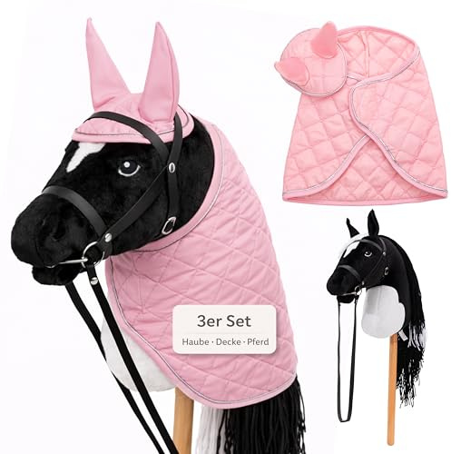 Hoofly® Hobby Horse Set – Großes Steckenpferd für Kinder mit Decke & Fliegenhaube | Komplettes Hobby Horsing Set mit Trense & 35 cm Schraubstab | Schwarzes Pferd – Pinkes Zubehör