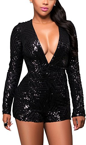 Elegant Damen Pailletten Jumpsuit Kurz Hosen V-Ausschnitt Rückenfrei Langarm Frauen Overall Party Abendmode Schwarz S
