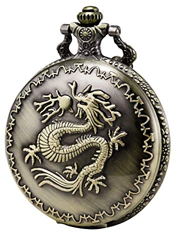 MORFONG Herren Damen Taschenuhr Analog Quarzwerk mit Kette Glücklich Drachen Bronze