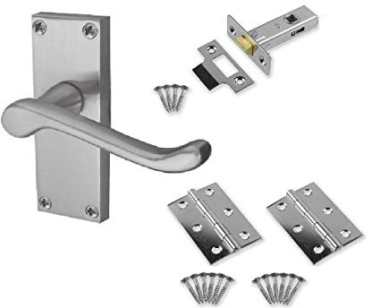Golden Grace Victorian Scroll Latch Handles, Satin Brushed Chrome 7 Sets | Includes 3-inch hinges and 2.5-inch tubular latches for a complete internal door kit, fitting a 120mm x 42mm backplate.