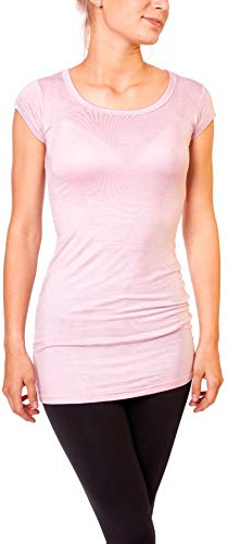Easy Young Fashion - Damen Basic T-Shirt - langes Kurzarm Longshirt - Rundhals Longsleeve - Unterziehhemd Skinny Fit 1002 - Hellrosa L