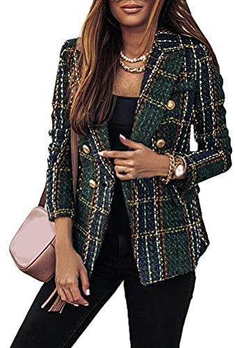 Onsoyours Femme Blazer à Carreaux Élégant Manches Longues Slim Fit OL Bureau Affaires Veste De Costume Devant Ouvert Manteau Cardigan Blouson Jacket A Armée Verte M