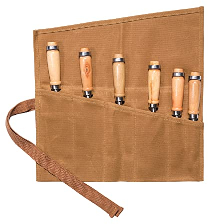 Wrench Roll Up Organizer with 6 Pockets,Waxed Canvas Tool Pouch Bag for Chisels, Hammers, fishing jigs, carving knife(Khaki)