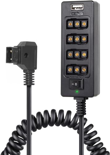 Moman Stromkabel D-Tap-Stecker auf 4 Port D-Tap-Buchse, Splitterkabel für V-Mount-Akku Power99 NanoOne, 4 Female D-Tap Adapter mit Netzschalter Schaltertaste/USB-Anschluss für Fotostrom Kamera DSLR
