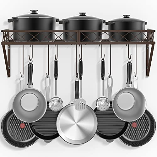 Mutool Wall Mount Pot Pan Rack, 70cm Saucepan Hanging Racks Utensils Hanging Shelf, Pan Racks for kitchen, Metal Cookware Organiser with 10 Hooks, Bronze