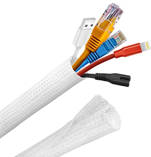 Josnown Selbstschließend Kabelkanal, 3m Zuschneidba Kabelschlauch Gewebter Kabelmantel, Durchmesser 12-20mm, Kabelmanagement für Hause und im Büro Verstecken im Schreibtisch, TV, Boden, Weiß