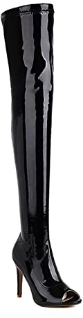 10CM/3.93IN Vernice sopra Gli Stivali al Ginocchio Stivali Open Toe Bocca di Pesce Tacco Alto Jazz Danza Nightclub Pole Dance più Dimensioni,Nero,48 EU