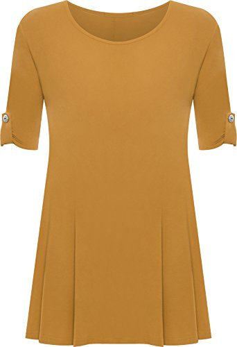 WearAll Womens Plus Size Scoop Neck Short Sleeve Flared Ladies Long Plain Top Mustard - 20